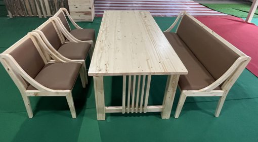 Bộ bàn ăn gỗ thông nệm nâu