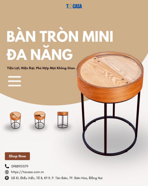 Bàn Tròn MDF Veneer Tần Bì & Khung Sắt – Thiết Kế Hiện Đại, Tối Giản